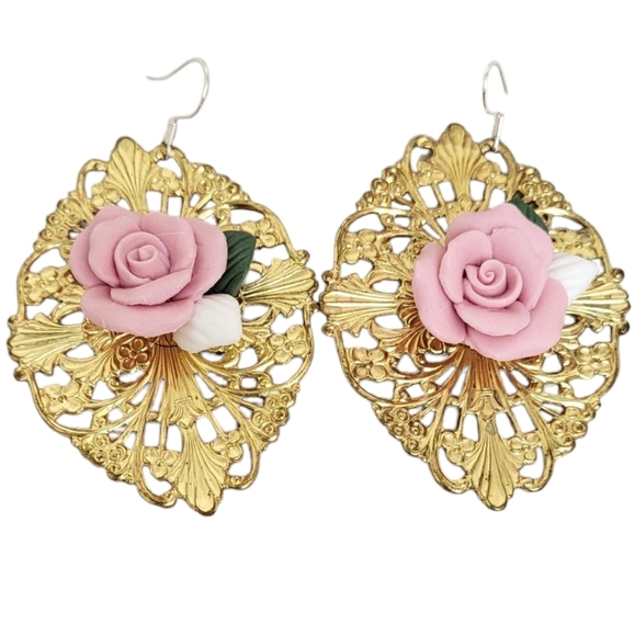 Silver Plated Pink Porcelain Cabochons Earrings - Picture 1 of 3